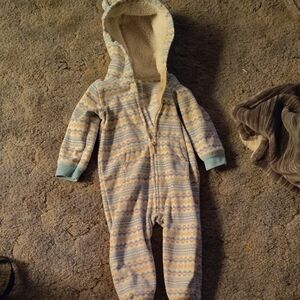 Carter's Cream and Green Patterned Hooded Footie Baby 12 Mos